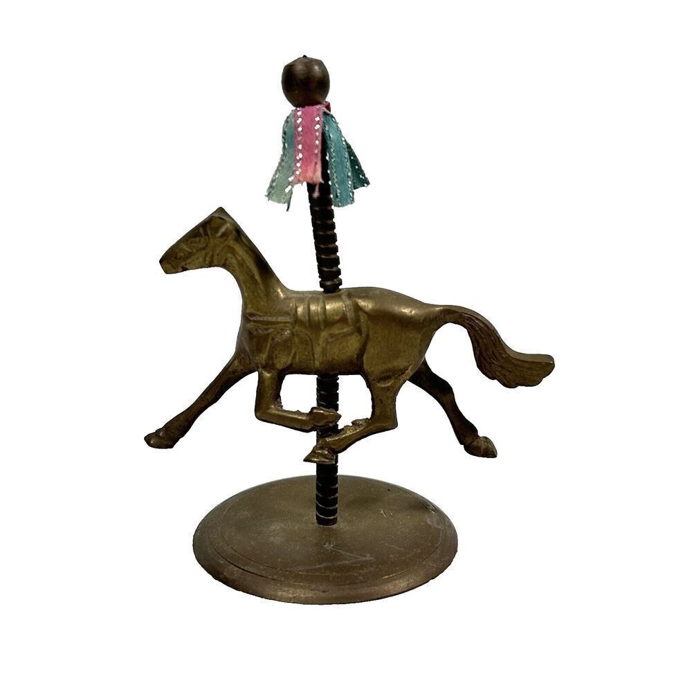 Vintage Brass Horse Carousel Figurine Pony on Pole with Ribbons Carnival Collect
